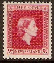 New Zealand 1954 9d Carmine Official Stamp. SGO165.