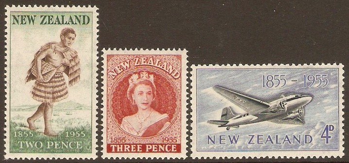 New Zealand 1955 Stamp Centenary Set. SG739-SG741.