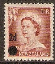 New Zealand 1958 2d on 1d Brown-lake. SG763.