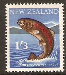 New Zealand 1960 1s.3d Carmine, sepia and bright blue. SG792.