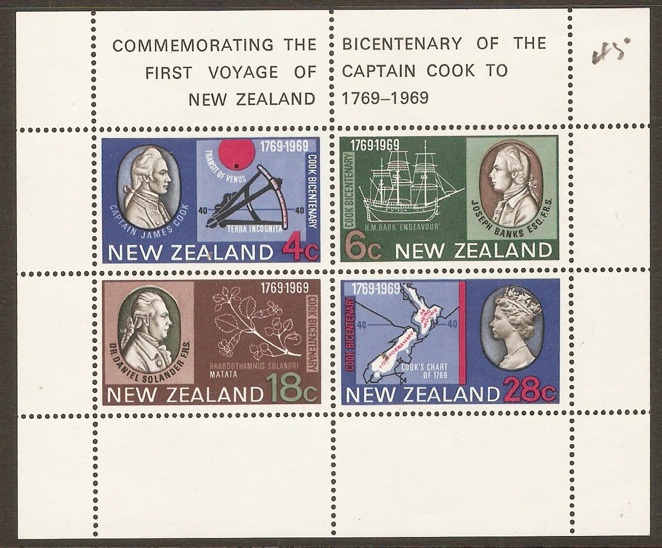 New Zealand 1969 Captain Cook Landing Anniv. Sheet. SGMS910.