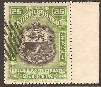 North Borneo 1911 25c black and yellow-green. SG178.