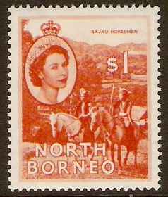North Borneo 1954 $1 Red-orange. SG383.