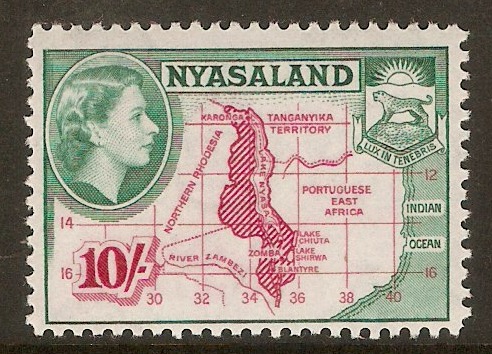 Nyasaland 1953 10s Carmine deep emerald. SG186.