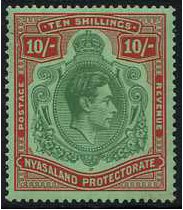 Nyasaland 1938 10s Emerald & deep red on pale green. SG142.