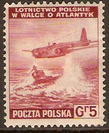 Poland 1943 5g Red - Wellington and U-boat Stamp. SG486.