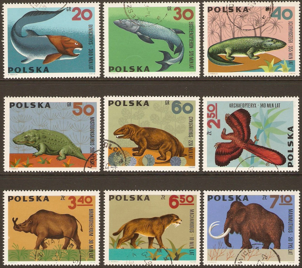 Poland 1966 Prehistoric Animals Set. SG1639-SG1647.