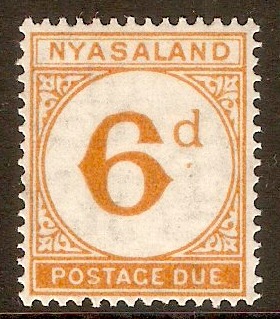 Nyasaland 1950 6d Yellow-orange - Postage Due. SGD5.