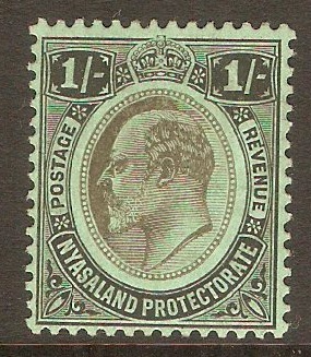 Nyasaland 1908 1s Black on green. SG72.