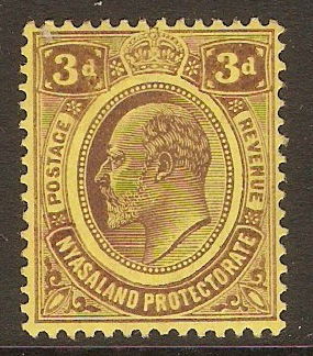 Nyasaland 1908 3d Purple on yellow. SG75.