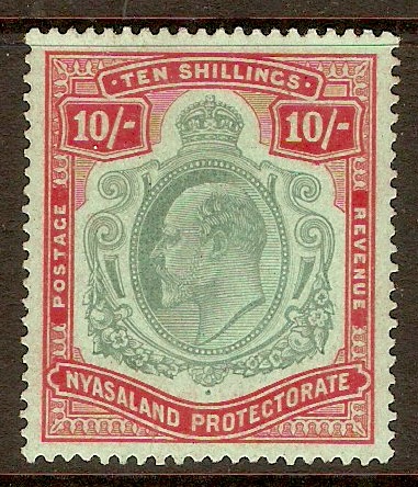 Nyasaland 1908 10s Green and red on green. SG80.