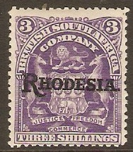 Rhodesia 1909 3s Deep violet. SG109.