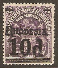Rhodesia 1909 10d on 3s Deep violet. SG117.