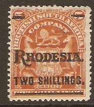 Rhodesia 1909 2s on 5s Orange. SG118.