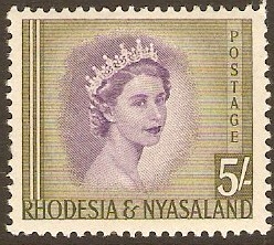 Rhodesia & Nyasaland 1954 5s Violet and olive-green. SG13.