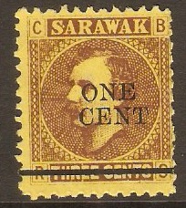 Sarawak 1892 1c on 3c Brown on yellow. SG27.