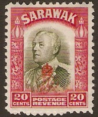 Sarawak 1947 20c Olive-green and carmine. SG159.