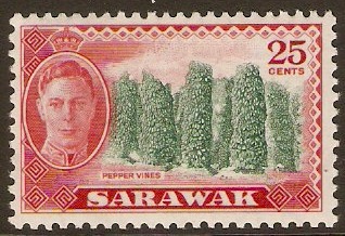 Sarawak 1950 25c Green and scarlet. SG181.