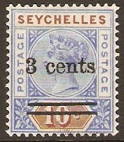 Seychelles 1901 3c on 10c Bright ultramarine and brown. SG37.