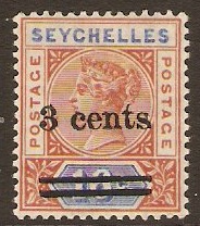 Seychelles 1901 3c on 16c Chestnut and ultramarine. SG38.