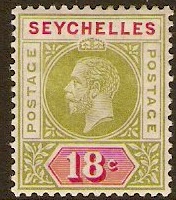 Seychelles 1912 18c sage-green and carmine. SG76.