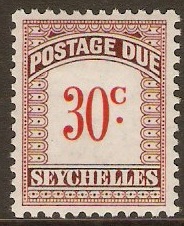 Seychelles 1951 30c Scarlet and claret - Postage due. SGD8.