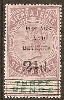 Sierra Leone 1897 2d on 3d Dull purple and green. SG55.