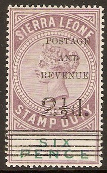 Sierra Leone 1897 2d on 6d Dull purple and green. SG59.