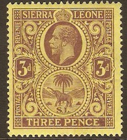 Sierra Leone 1912 3d Purple on yellow. SG116b.