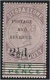 Sierra Leone 1897 2d. on 6d. Dull Purple and Green. SG61.