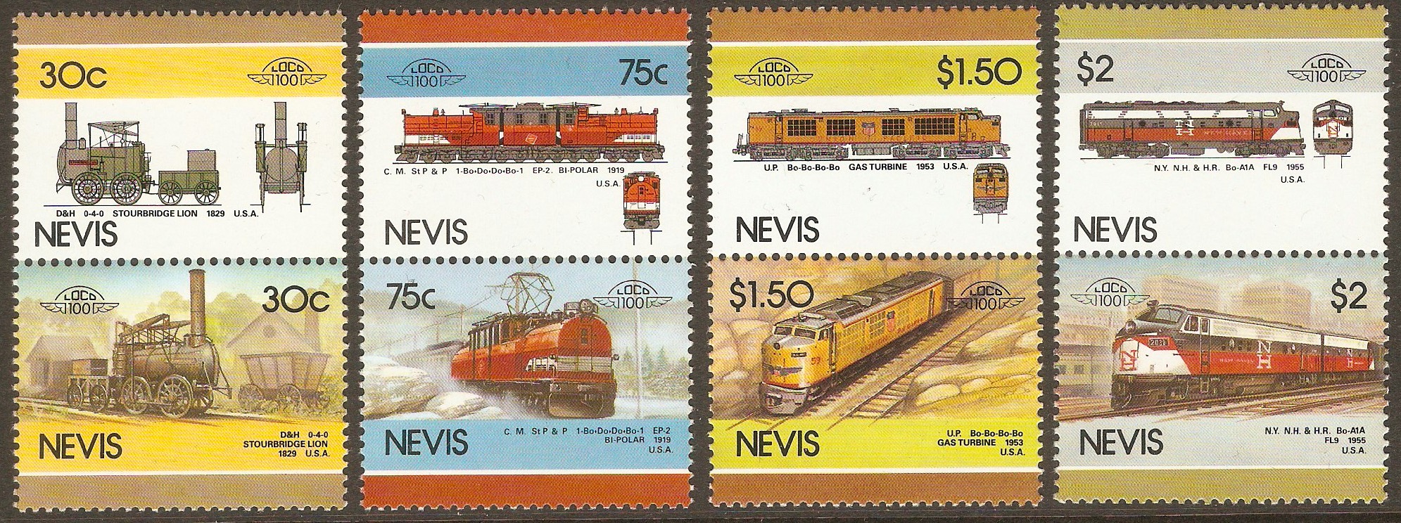 Nevis 1986 Railway Locomotives set (5th. Series). SG352-SG359.