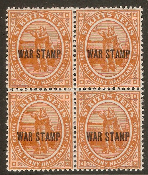 St. Kitts-Nevis 1918 1d Orange "WAR STAMP". SG23.