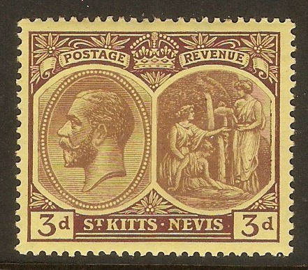 St. Kitts-Nevis 1920 3d Purple on yellow. SG29.