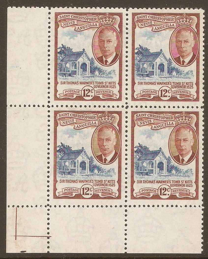 St. Kitts-Nevis 1952 12c Deep blue and reddish brown. SG100.