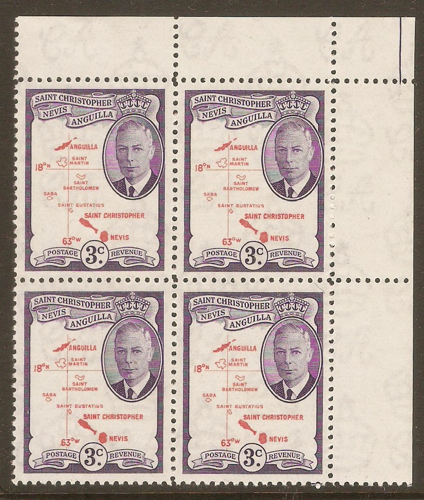 St. Kitts-Nevis 1952 3c Carmine-red and violet. SG96.