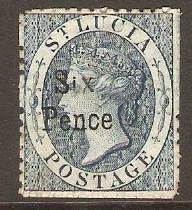 St Lucia 1863 6d on (4d) Indigo. SG10.