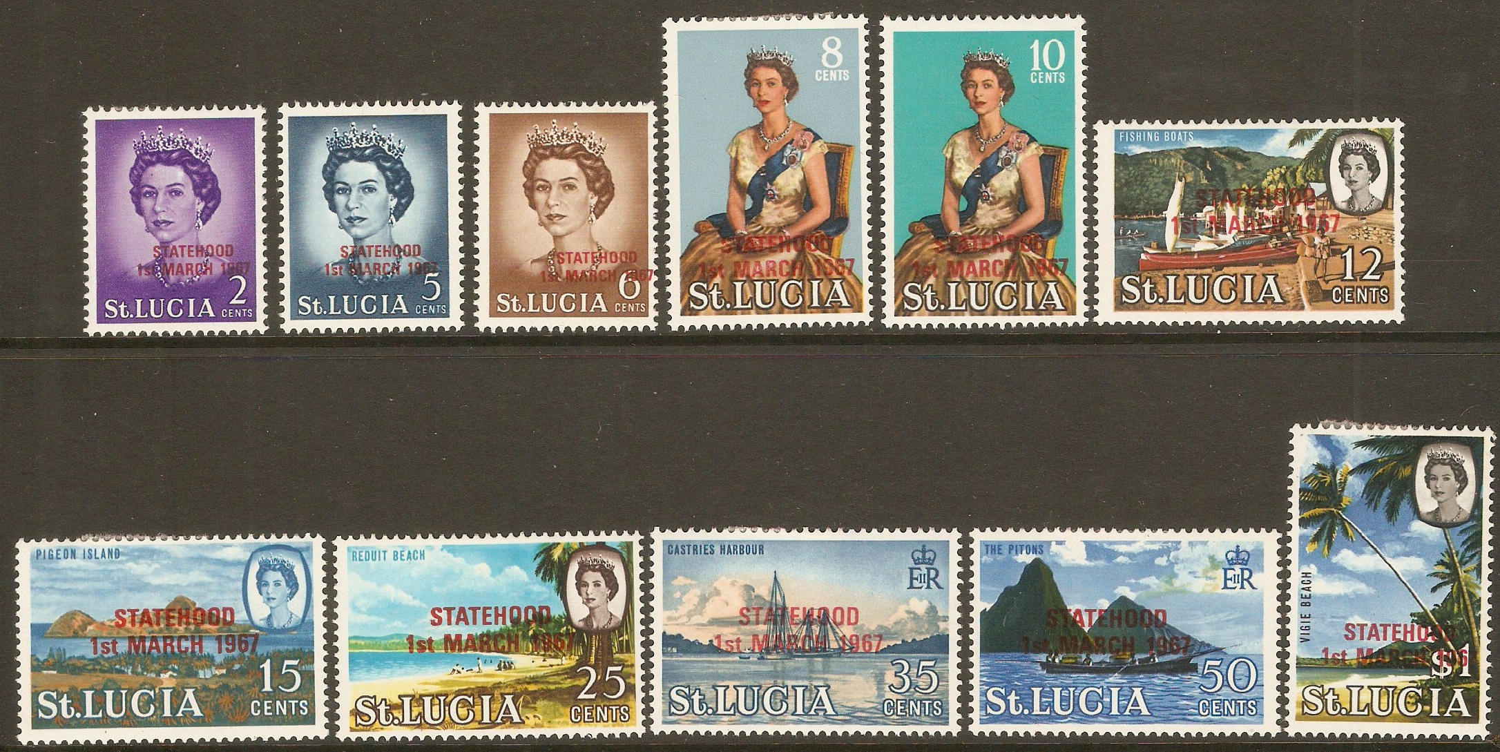 St Lucia 1967 Statehood overprint set. SG229-SG239.