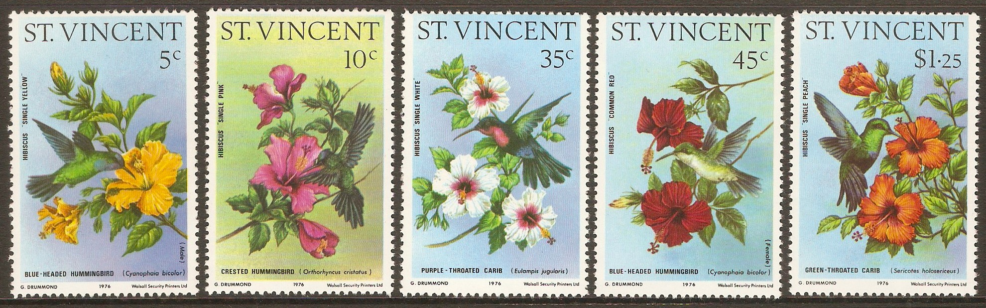 St Vincent 1976 Humming Birds and Hibiscuses set. SG487-SG491.