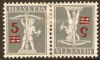 Switzerland 1921 5 on 7½c Grey. SG310a. Tete beche.