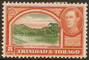Trinidad & Tobago 1938 8c Sage-green and vermilion. SG251.