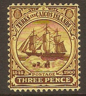 Turks and Caicos 1905 3d Purple on yellow. SG112.