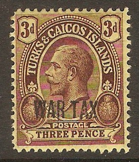 Turks and Caicos 1917 3d Purple on yellow-buff - War Tax. SG141.