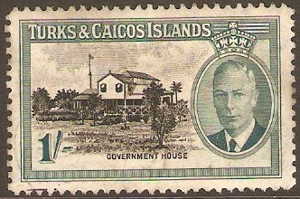 Turks and Caicos 1950 1s Black and blue-green. SG229.