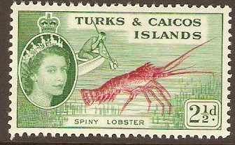 Turks and Caicos 1957 2d Carmine and green. SG240.