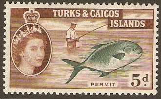 Turks and Caicos 1957 5d Slate-green and brown. SG243.