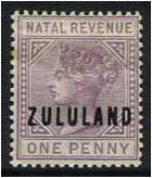 Zululand 1891 1d. Dull Mauve. SG F1.